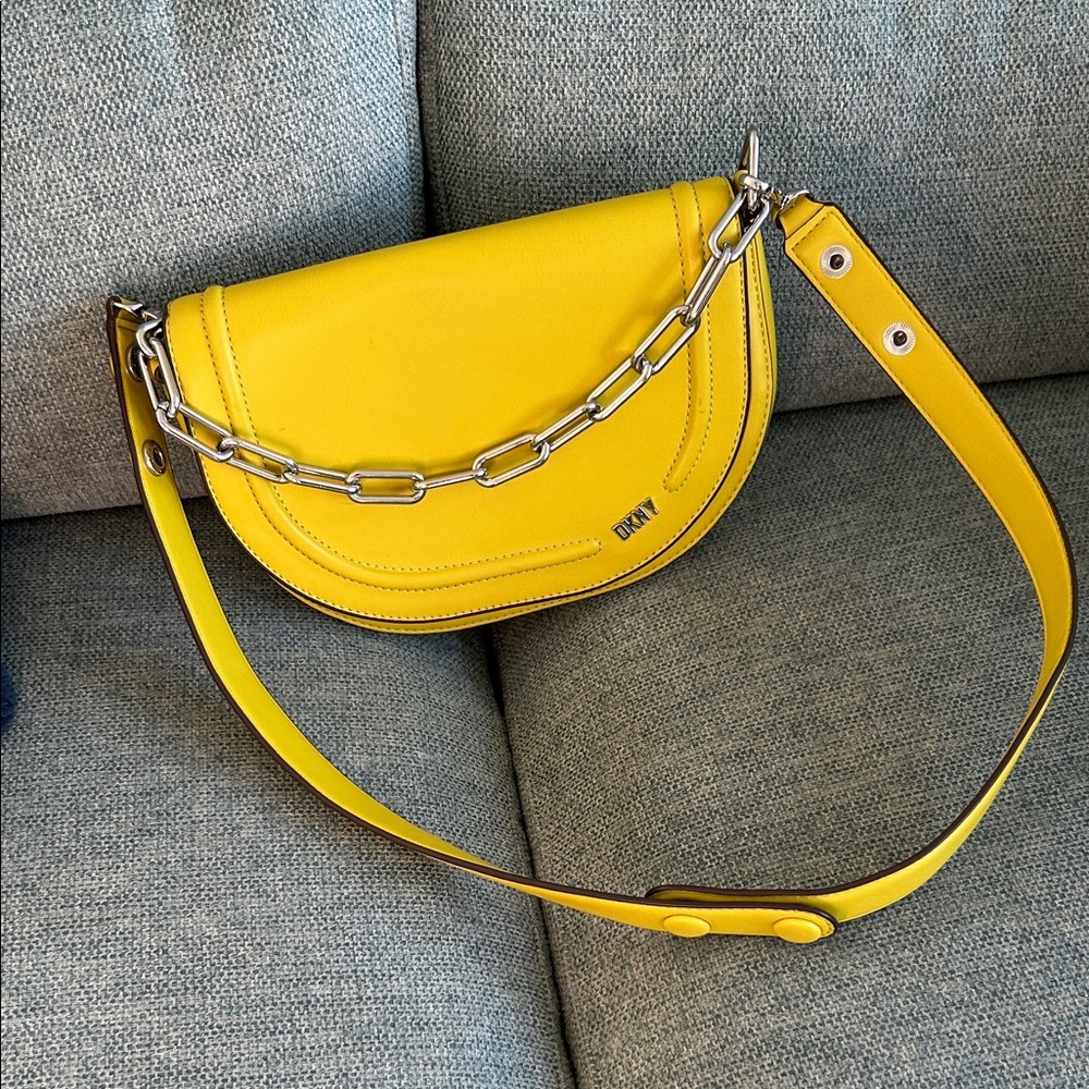 DKNY Bright Yellow Leather Saddle Crossbody with Silver Chain